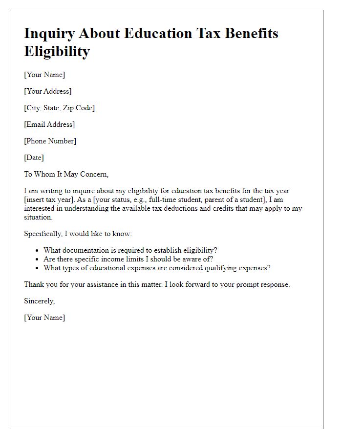 Letter template of education tax benefits inquiry for eligibility