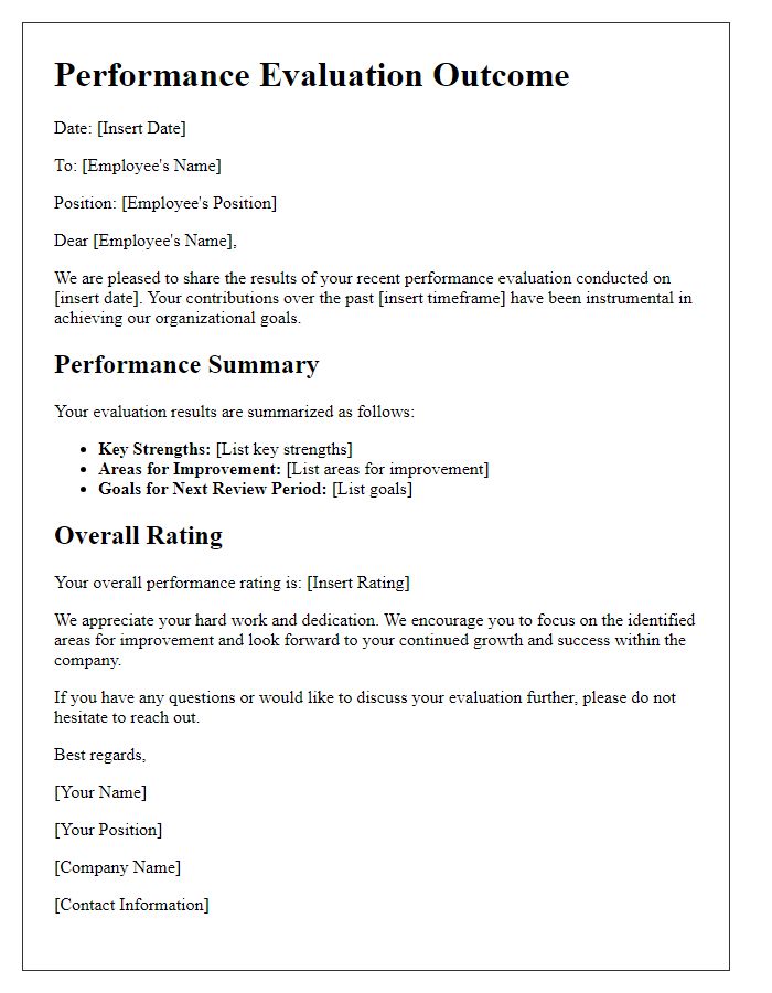 Letter template of performance evaluation outcomes