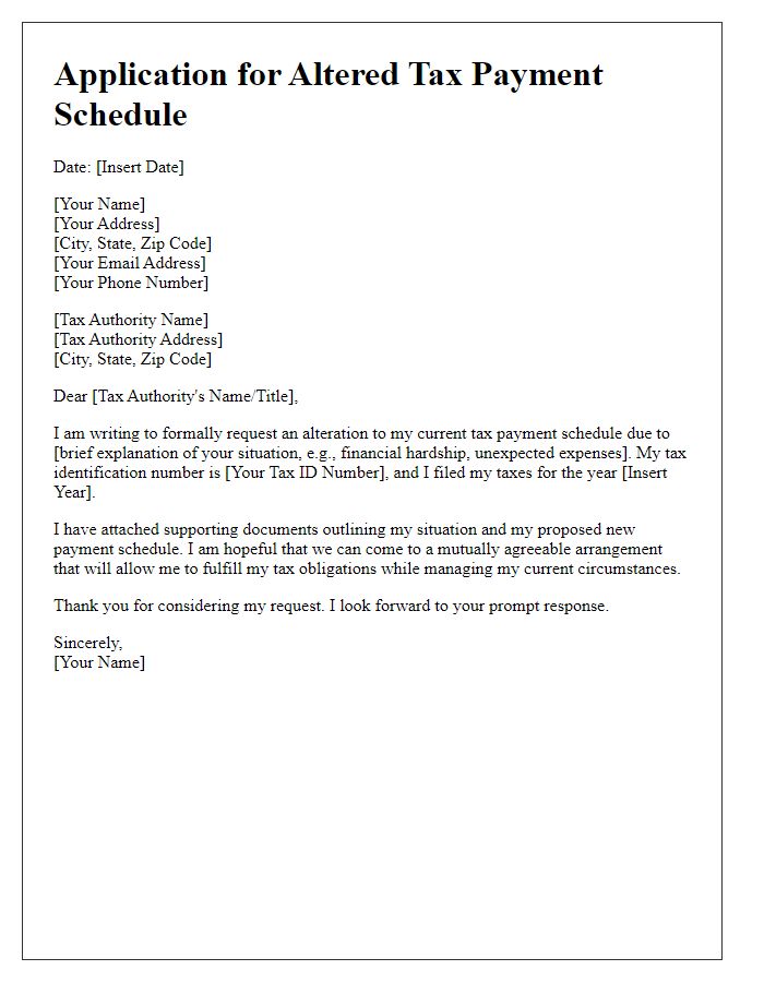 Letter template of application for altered tax payment schedule