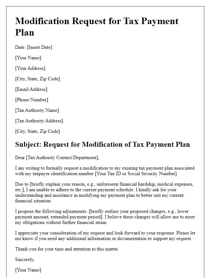 Letter template of modification request for tax payment plan