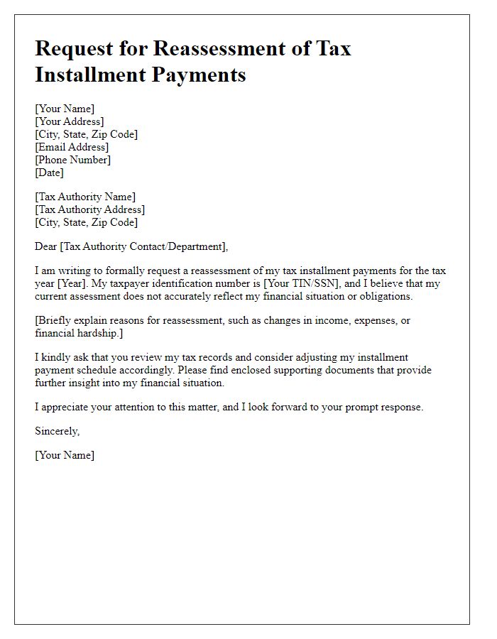 Letter template of request for reassessment of tax installment payments