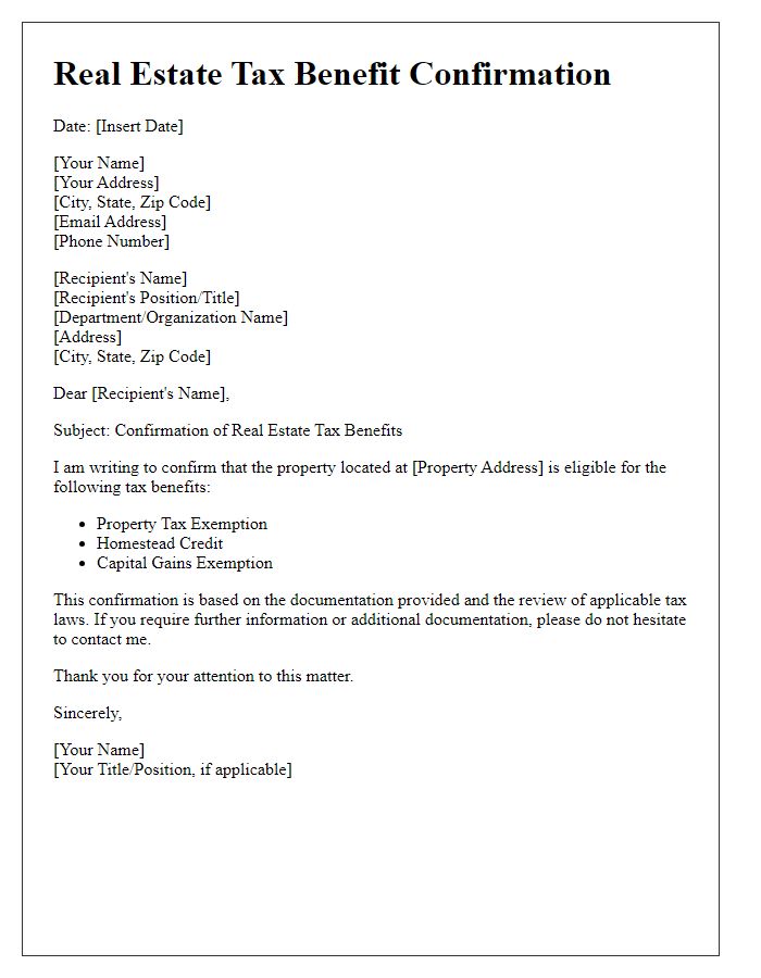 Letter template of real estate tax benefit confirmation