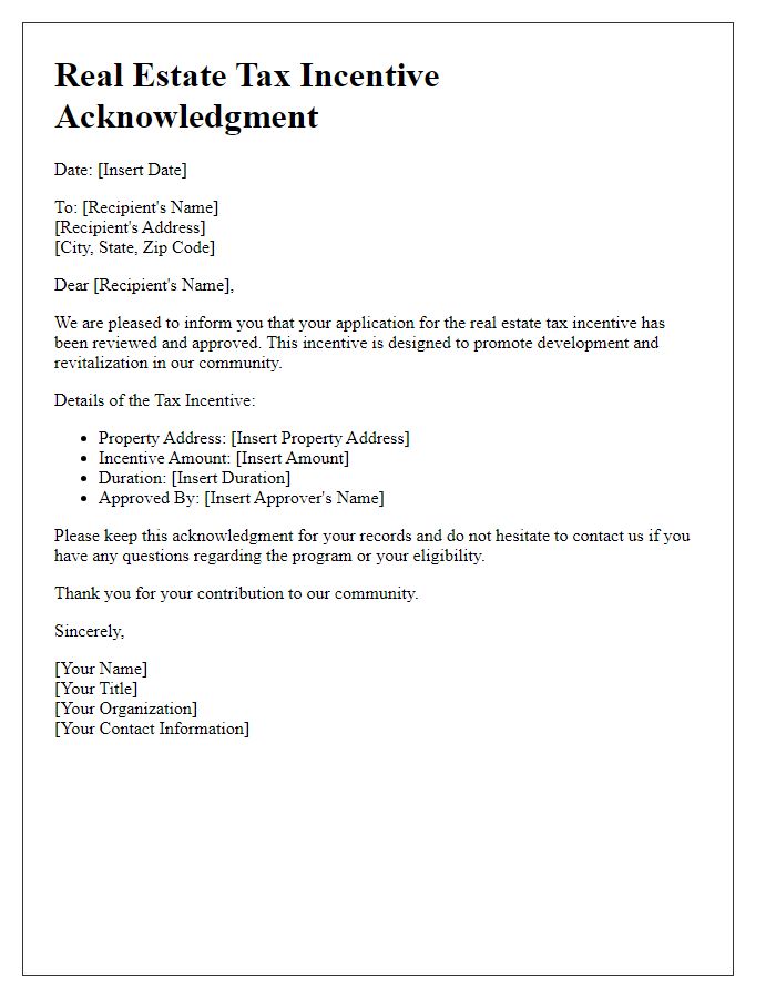 Letter template of real estate tax incentive acknowledgment