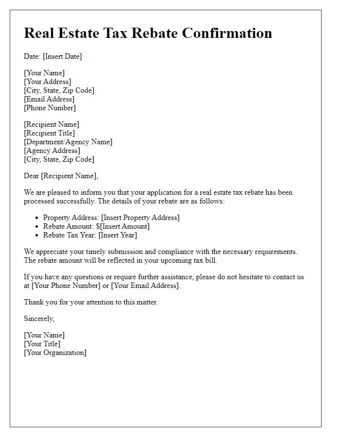 Letter template of real estate tax rebate confirmation