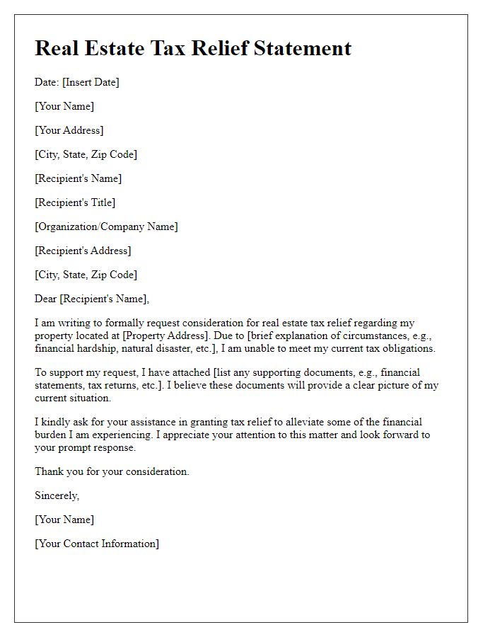 Letter template of real estate tax relief statement