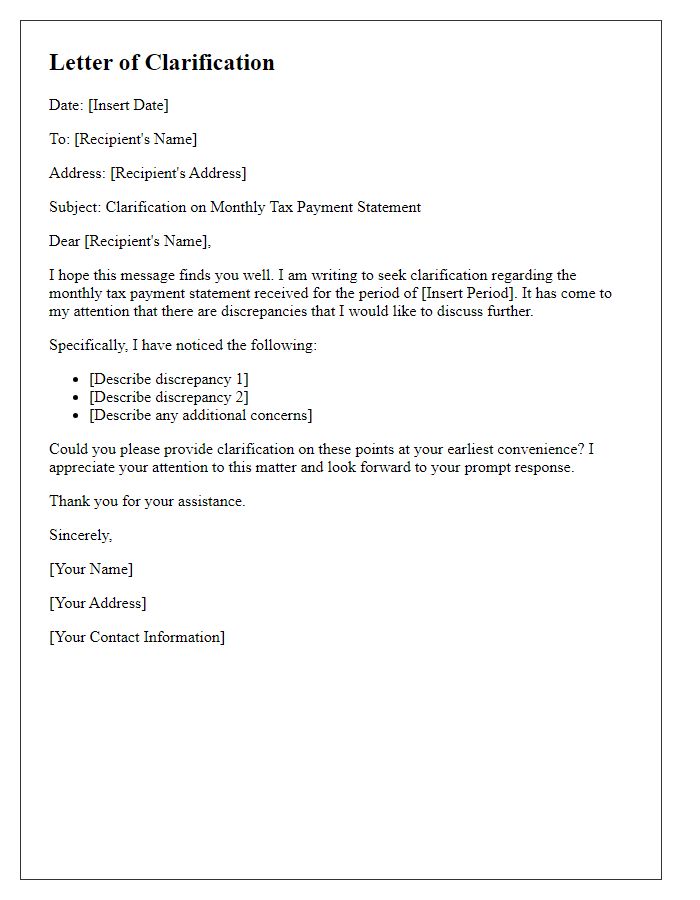 Letter template of clarification on monthly tax payment statement