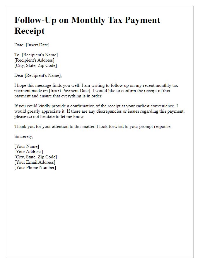 Letter template of follow-up on monthly tax payment receipt