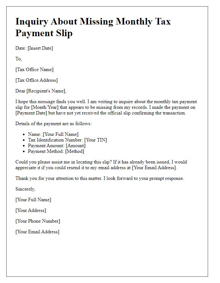 Letter template of inquiry about missing monthly tax payment slip