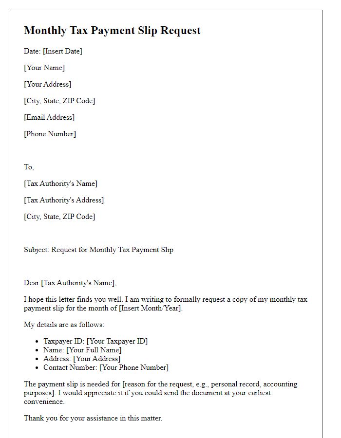 Letter template of monthly tax payment slip request