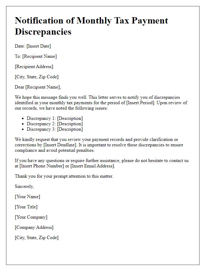 Letter template of notification for monthly tax payment discrepancies