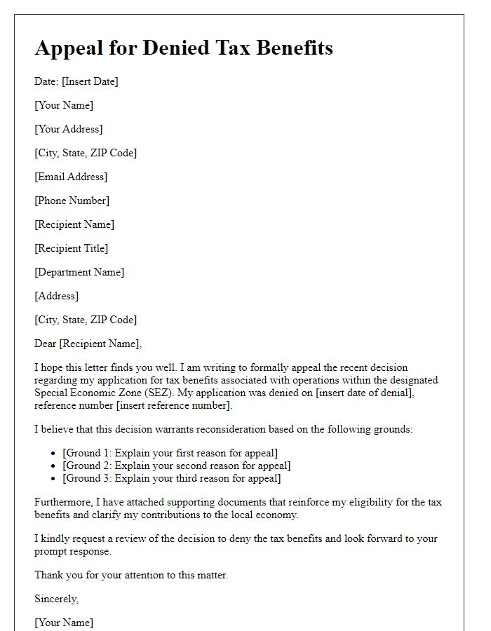 Letter template of appeal for denied tax benefits in special economic zones