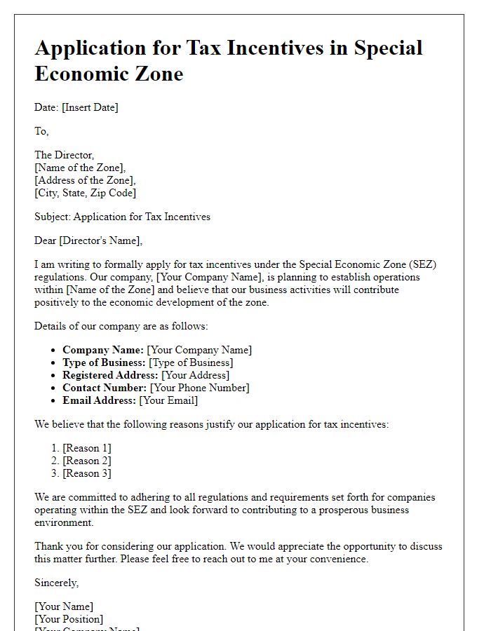 Letter template of application for tax incentives in a special economic zone