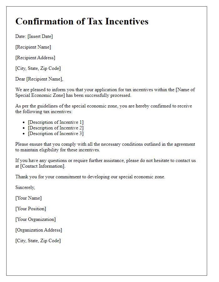 Letter template of confirmation for receiving tax incentives in a special economic zone