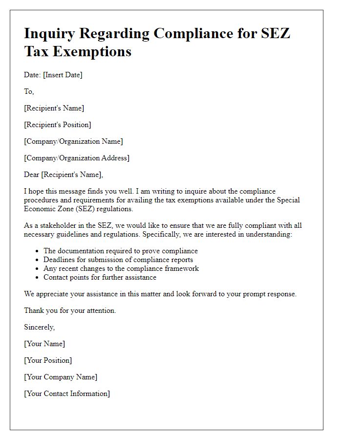 Letter template of inquiry regarding compliance for special economic zone tax exemptions