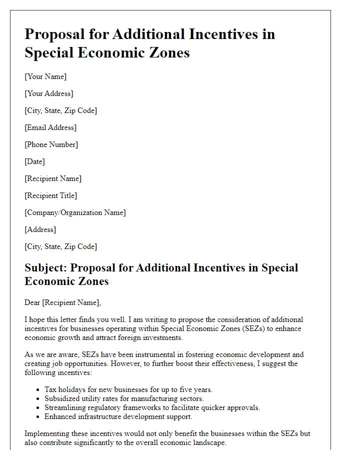 Letter template of proposal for additional incentives in special economic zones