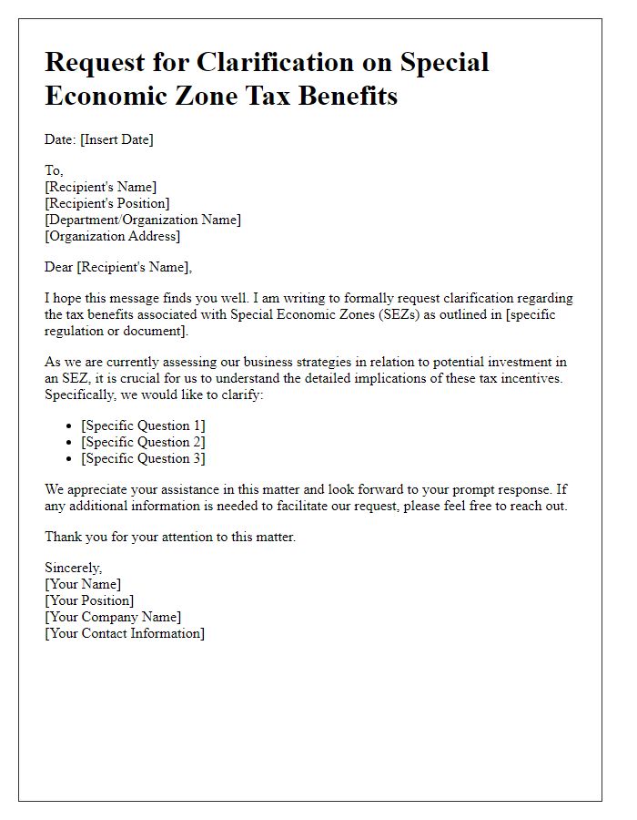 Letter template of request for clarification on special economic zone tax benefits