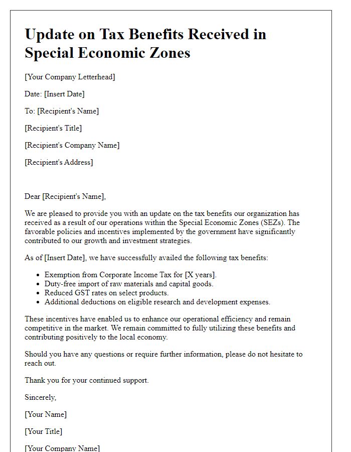 Letter template of update on tax benefits received in special economic zones