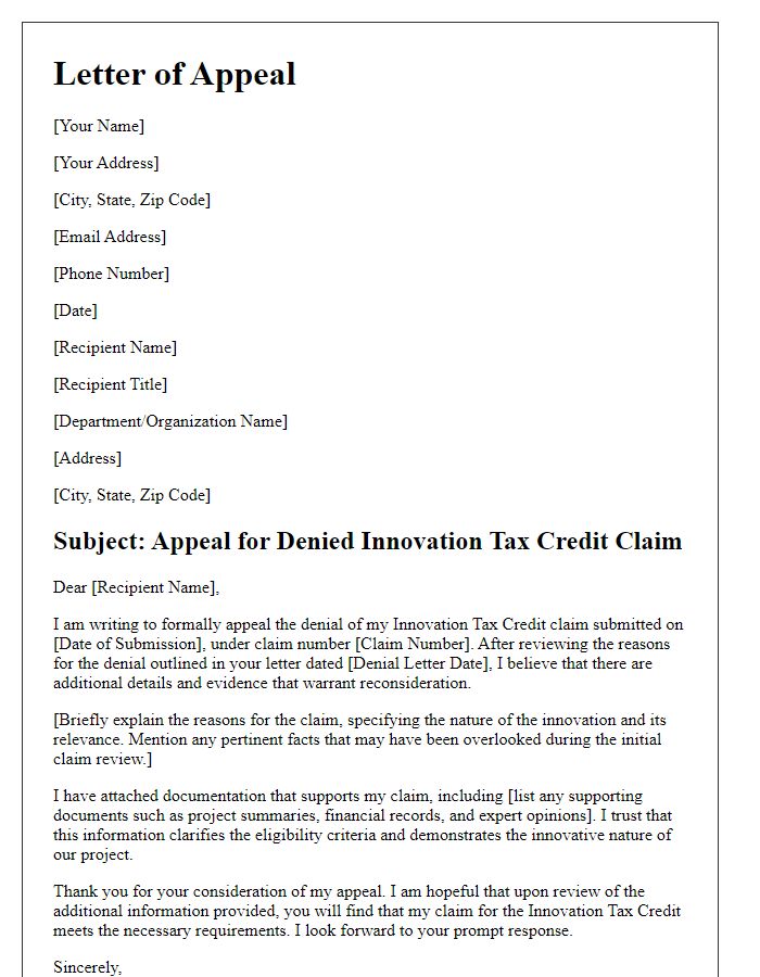 Letter template of appeal for denied innovation tax credit claim.