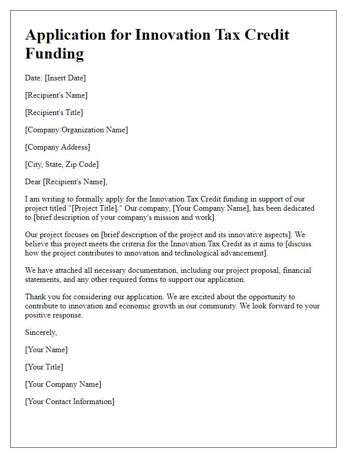 Letter template of application for innovation tax credit funding.