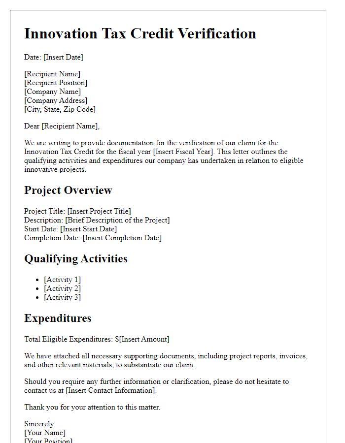 Letter template of documentation for innovation tax credit verification.