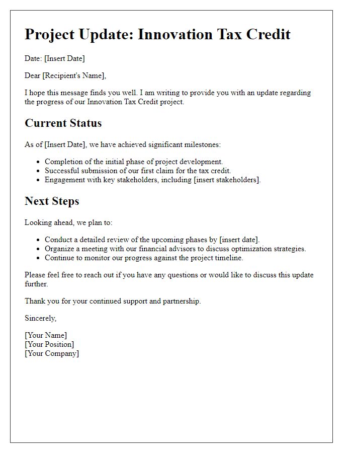 Letter template of update on innovation tax credit project progress.