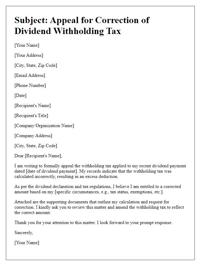 Letter template of appeal for dividend withholding tax correction.