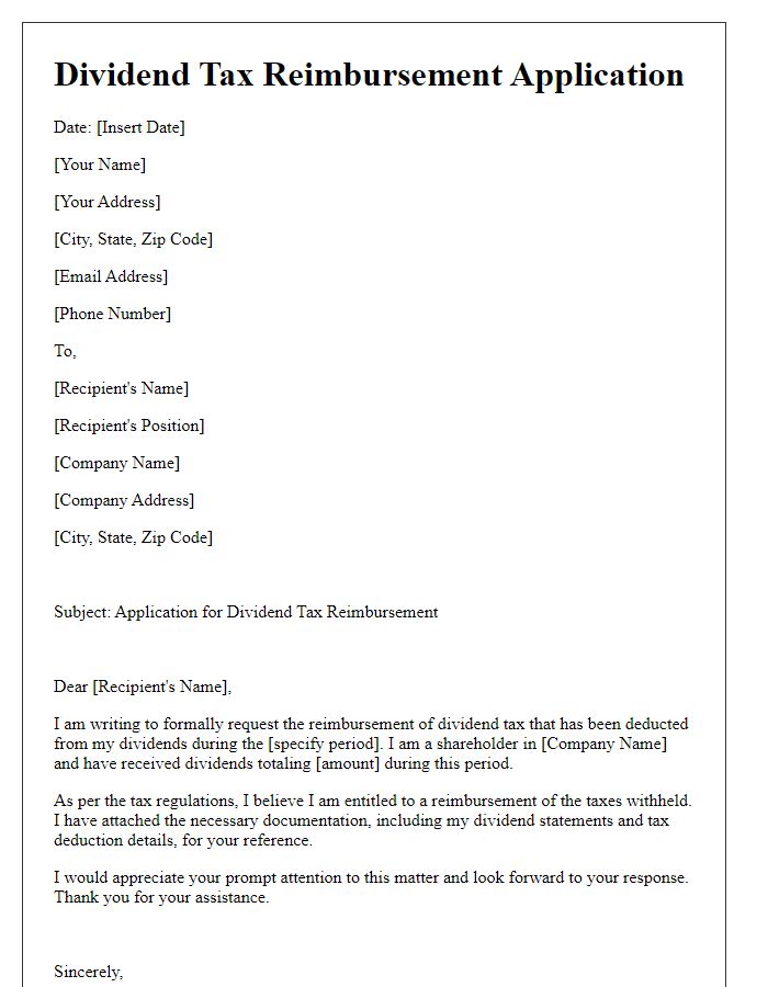 Letter template of application for dividend tax reimbursement.