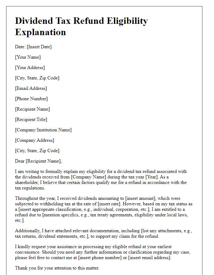 Letter template of explanation for dividend tax refund eligibility.