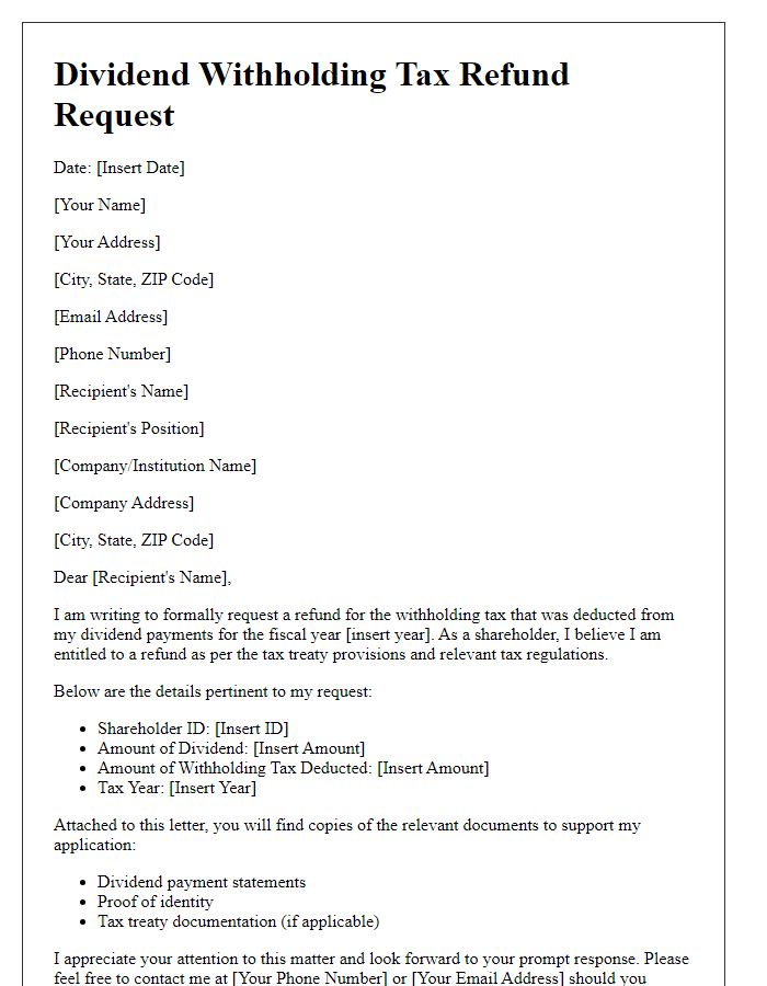 Letter template of request for dividend withholding tax refund.