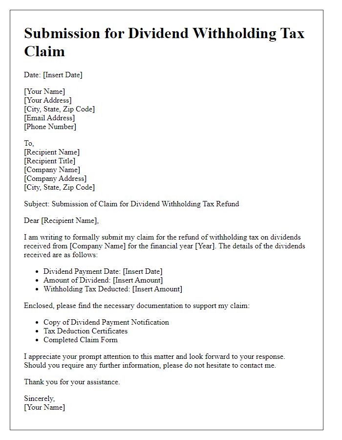 Letter template of submission for dividend withholding tax claim.