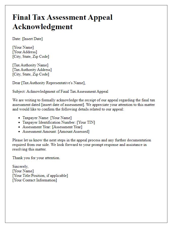 Letter template of final tax assessment appeal acknowledgment