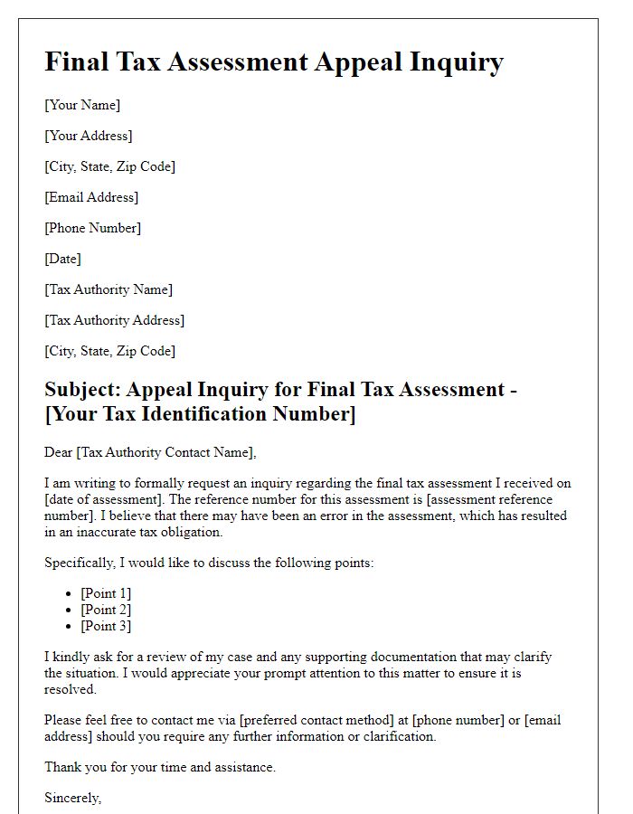 Letter template of final tax assessment appeal inquiry