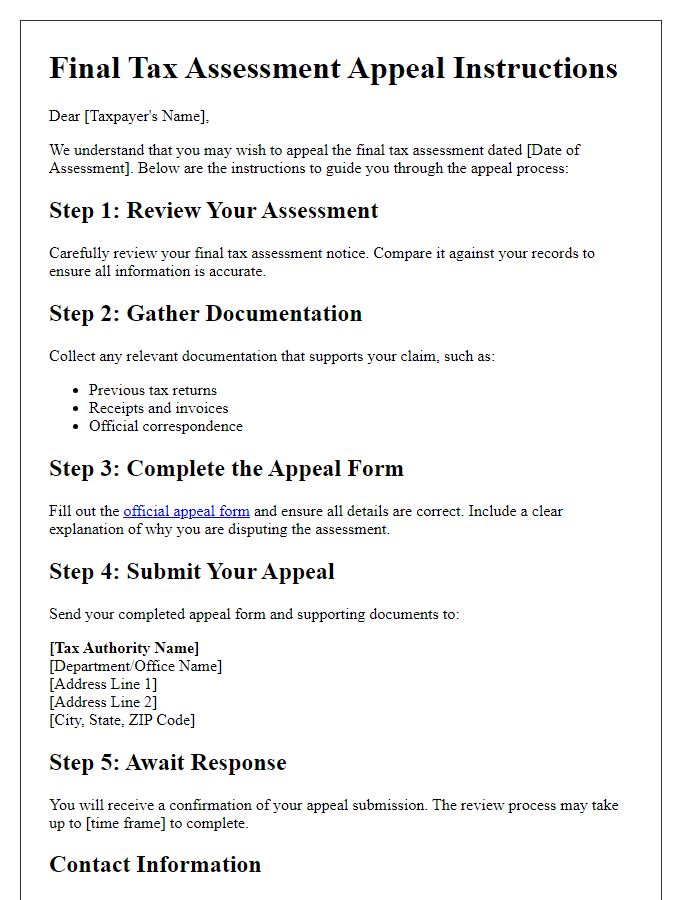 Letter template of final tax assessment appeal instructions