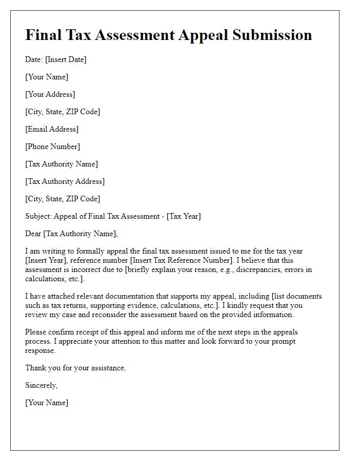 Letter template of final tax assessment appeal submission