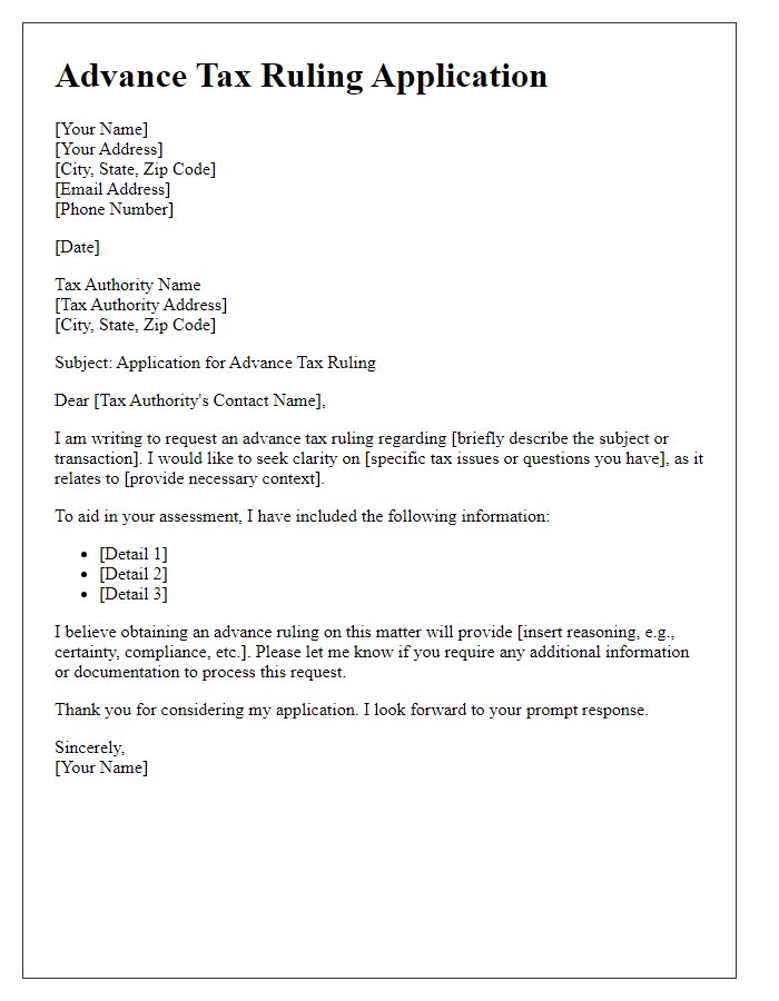 Letter template of advance tax ruling application