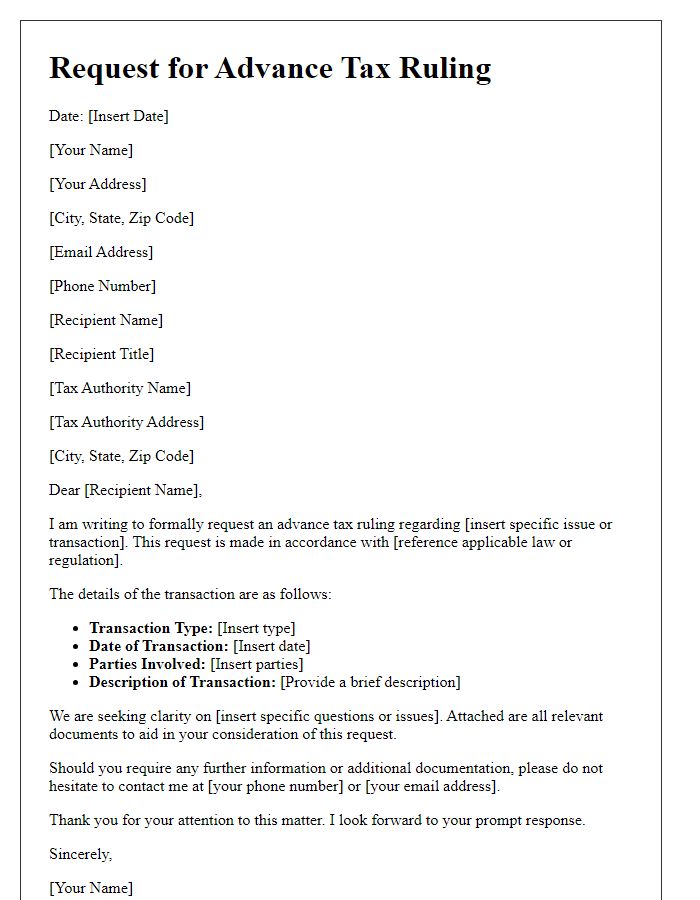 Letter template of advance tax ruling documentation request