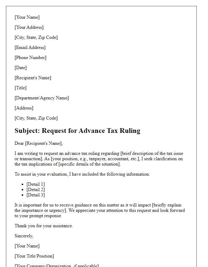 Letter template of advance tax ruling support request