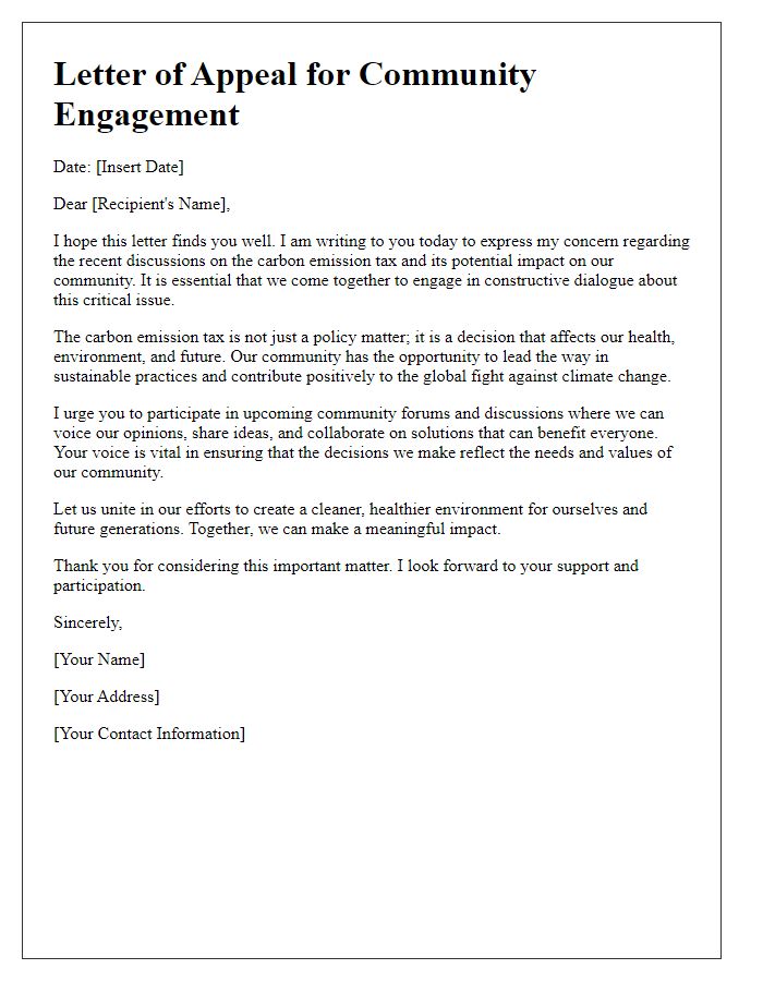 Letter template of appeal for community engagement on carbon emission tax.