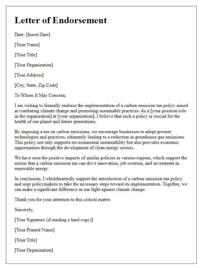 Letter template of endorsement for carbon emission tax policy.