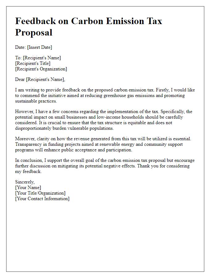 Letter template of feedback on carbon emission tax proposal.