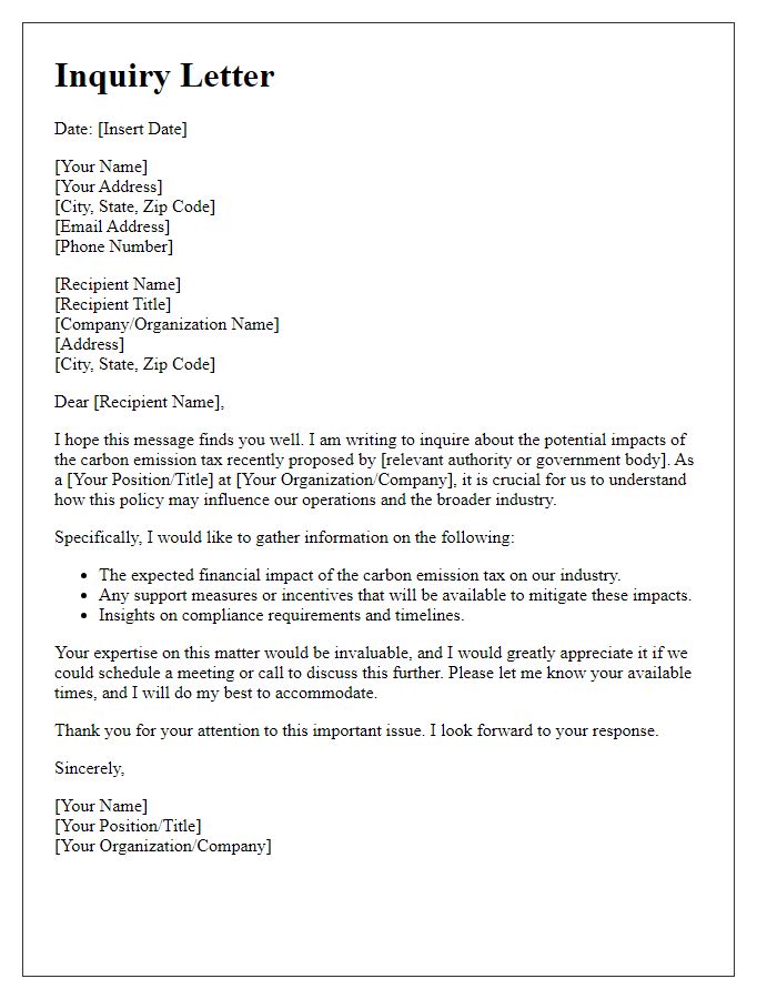 Letter template of inquiry regarding carbon emission tax impact.