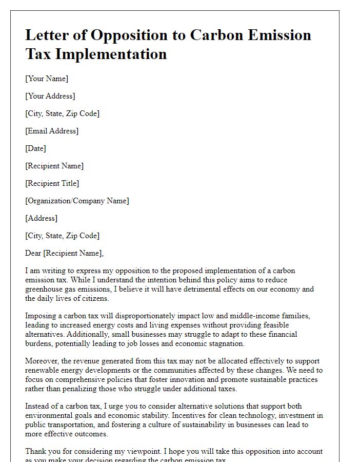 Letter template of opposition to carbon emission tax implementation.