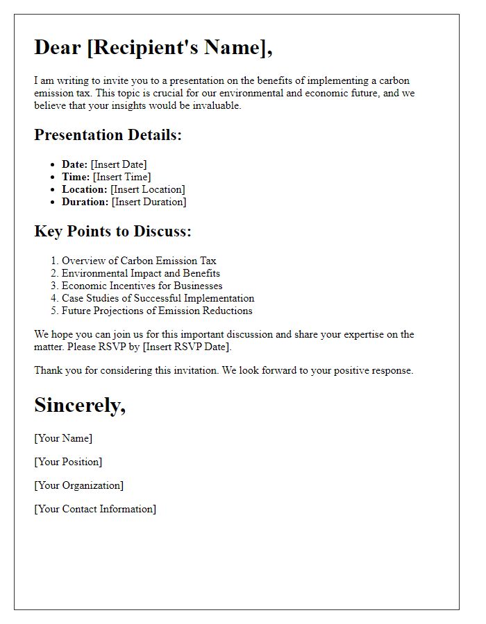 Letter template of presentation for benefits of carbon emission tax.