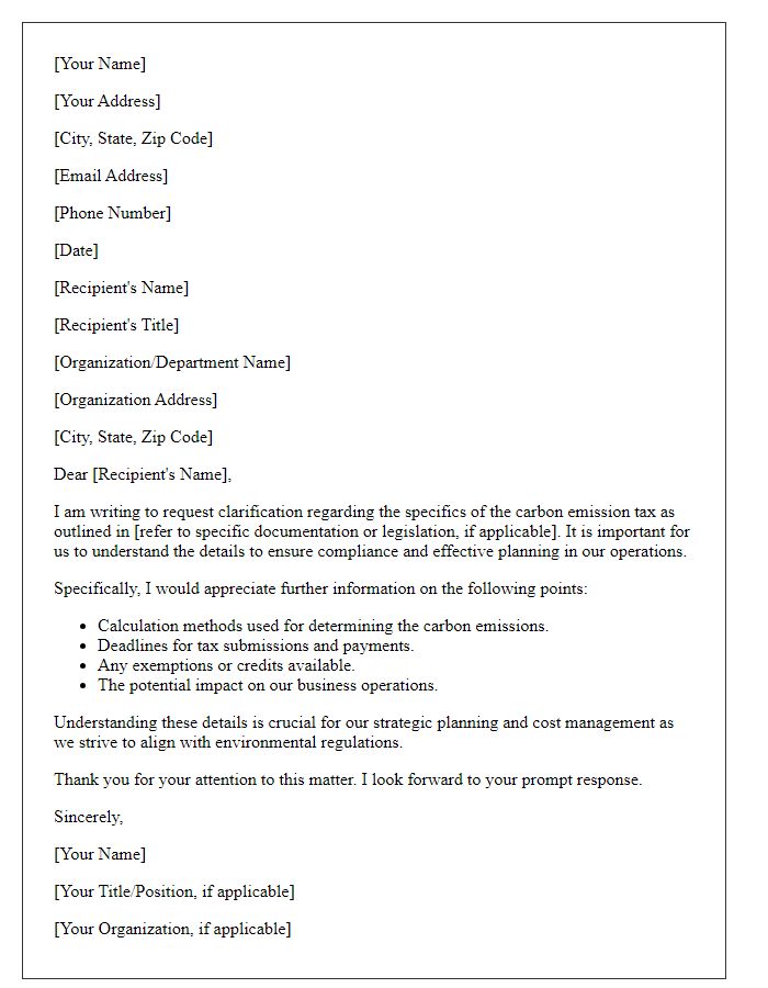 Letter template of request for clarification on carbon emission tax details.