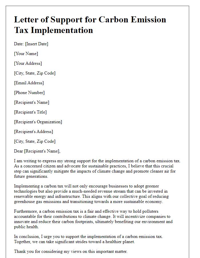 Letter template of support for carbon emission tax implementation.