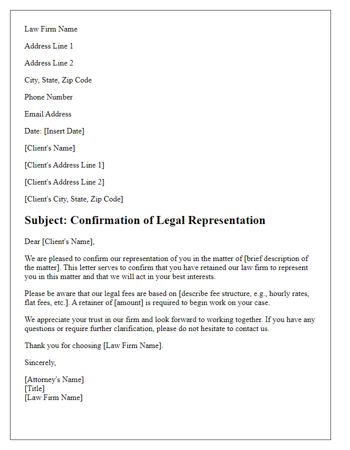 Letter template of law firm representation confirmation