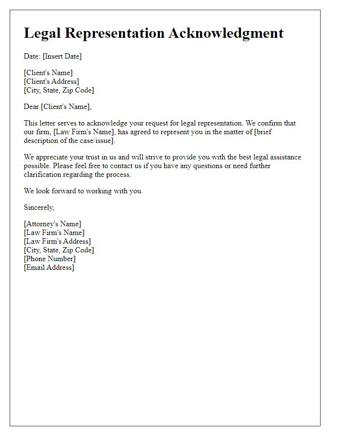 Letter template of legal representation acknowledgment