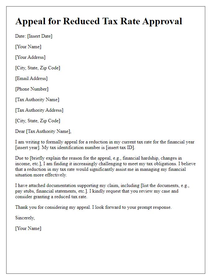 Letter template of appeal for reduced tax rate approval.