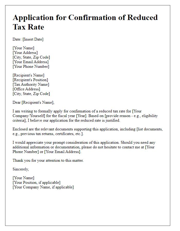 Letter template of application for confirmation of reduced tax rate.