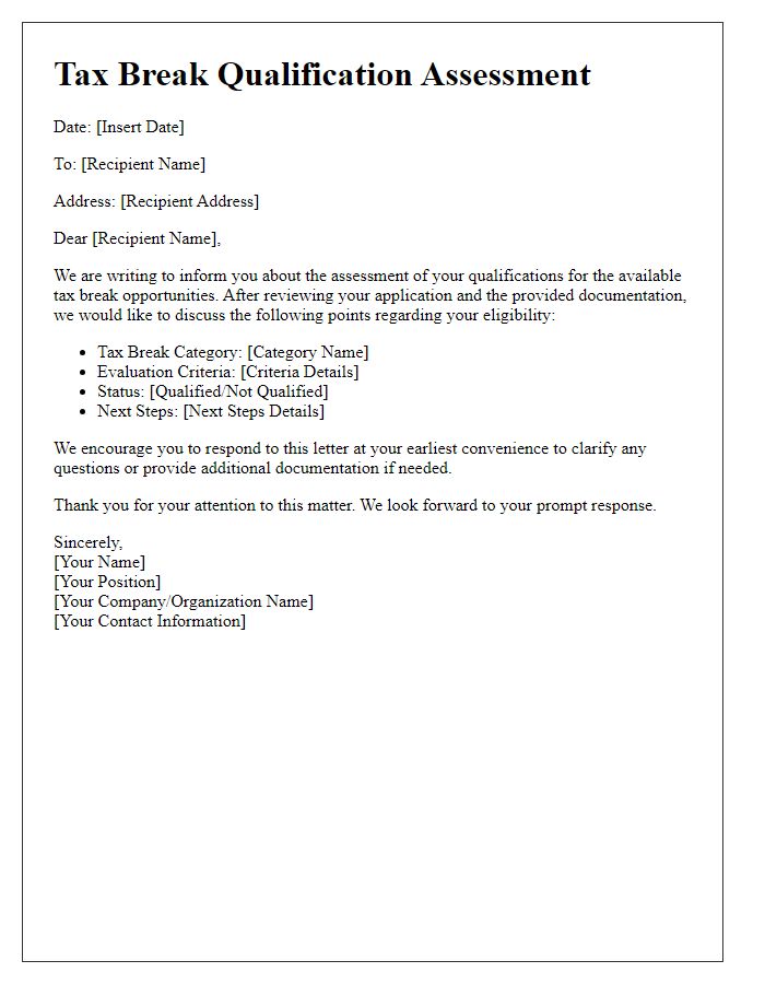 Letter template of Tax Break Qualification Assessment